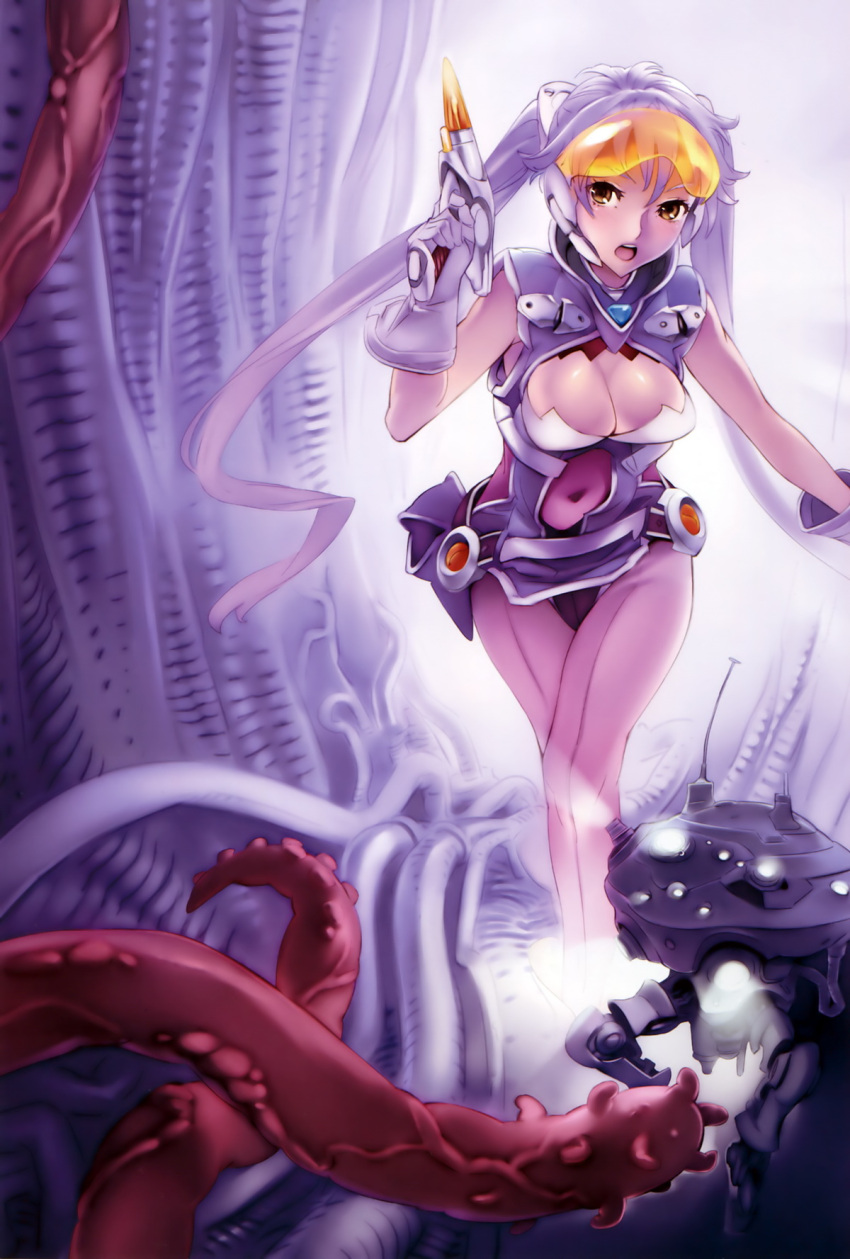 breasts cleavage copyright_request gloves gun highres long_hair navel nishieda robot tentacle tentacles twintails weapon white_hair
