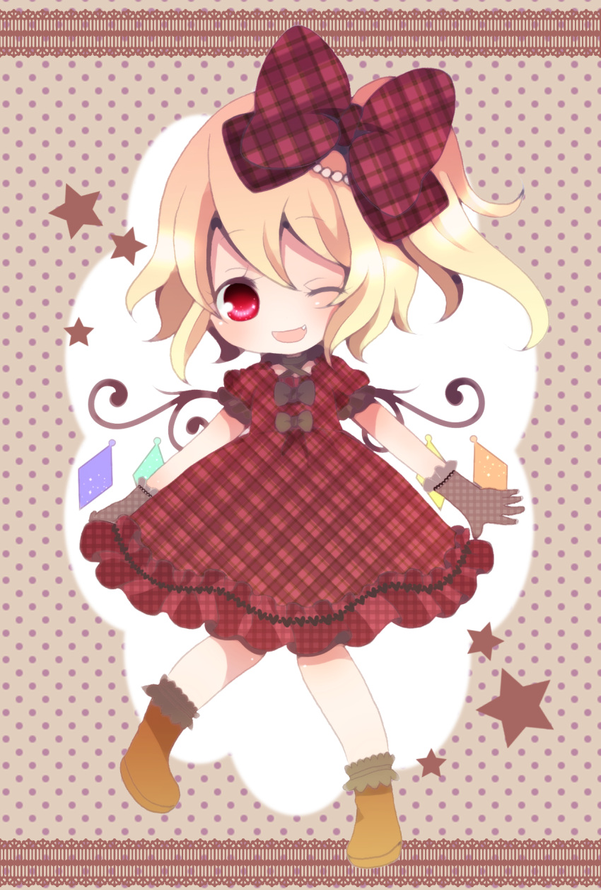 ;d blonde_hair blush bow dress fang flandre_scarlet gloves hair_bow harusan highres looking_at_viewer open_mouth plaid plaid_dress polka_dot polka_dot_background red_eyes side_ponytail smile solo star touhou wings wink