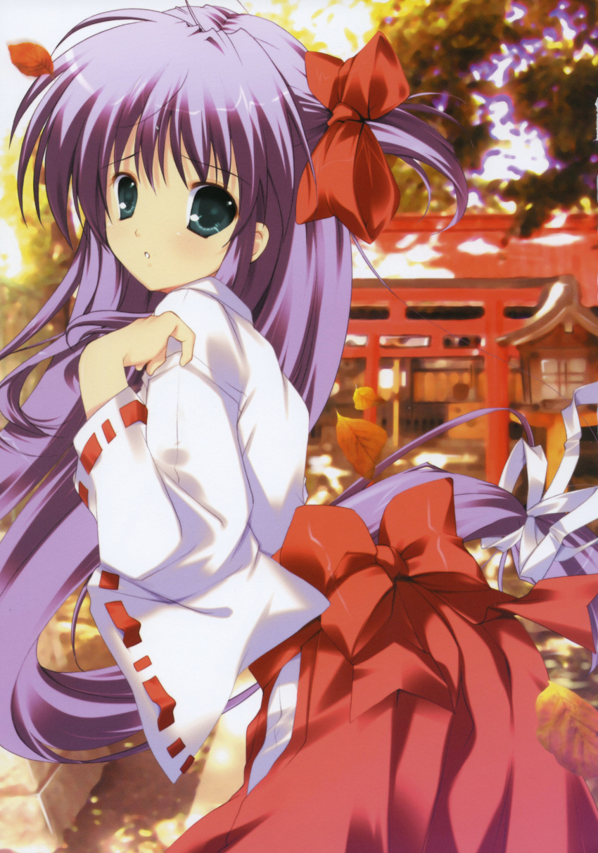 absurdres autumn autumn_leaves bow copyright_request green_eyes hair_bow highres japanese_clothes long_hair mikeou miko prismdays purple_hair temple torii