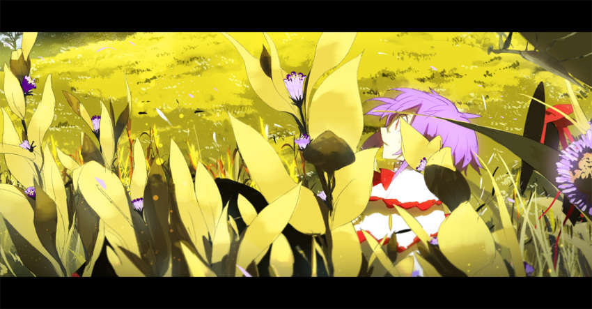 field flower flower_field insect letterboxed nagae_iku no_hat no_headwear parted_lips praying_mantis scenery shawl siirakannu solo touhou wind