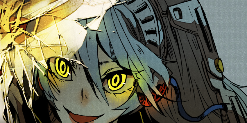 android aqua_hair broken_glass close-up dark_persona evil_smile glass glowing glowing_eyes labrys persona persona_4 persona_4:_the_ultimate_in_mayonaka_arena shadow_(persona) shadow_labrys smile solo yellow_eyes