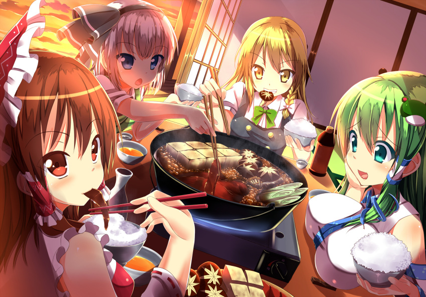 :o bare_shoulders blonde_hair blue_eyes blush bottle bowl braid breast_rest breasts brown_hair chopsticks clouds detached_sleeves eating food grey_hair green_hair grin hair_tubes hairband hakurei_reimu highres holding hotpot karasu10gu kirisame_marisa kochiya_sanae konpaku_youmu large_breasts long_hair looking_at_viewer mouth_hold multiple_girls no_hat no_headwear red_eyes rice short_hair silver_hair single_braid sky smile sunlight sunset touhou yellow_eyes