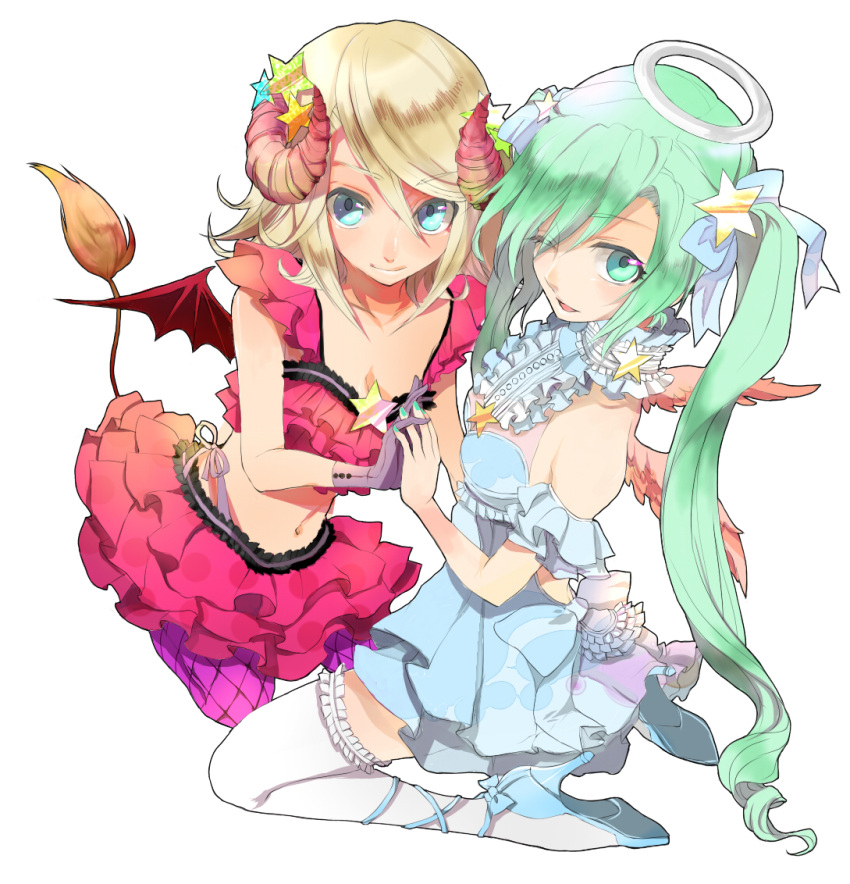 angel angel_and_devil angel_wings arm_garter bare_shoulders bat_wings blonde_hair blue_eyes bow breasts cleavage crop_top demon demon_girl demon_wings devil dress frills gloves gradient_hair green_eyes green_hair hair_bow halo hands hatsune_miku high_heels holding_hands horns kagamine_rin kneeling legs long_hair macco midriff multicolored_hair multiple_girls navel orange_hair shoes short_hair sitting skirt smile star striped striped_legwear tail thigh-highs thighhighs tsumaka twintails very_long_hair vocaloid wings wink zettai_ryouiki