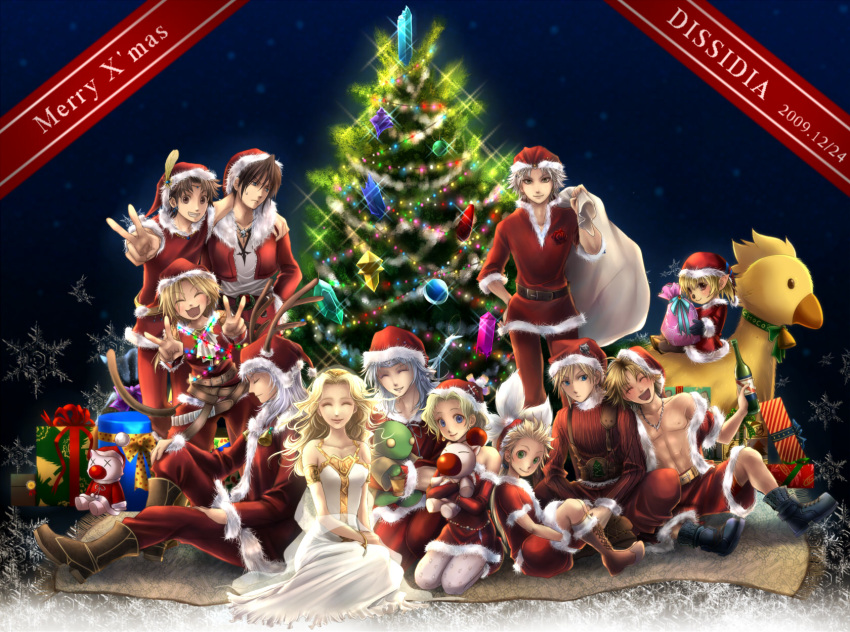 annotated antlers bad_id blonde_hair blue_eyes bottle brown_eyes brown_hair butz_klauser cecil_harvey chocobo christmas christmas_tree closed_eyes cloud_strife cosmos_(dff) crystal dissidia_final_fantasy everyone feathers final_fantasy final_fantasy_i final_fantasy_ii final_fantasy_iii final_fantasy_iv final_fantasy_ix final_fantasy_v final_fantasy_vi final_fantasy_vii final_fantasy_viii final_fantasy_x final_fantasy_xi flower frioniel gift green_eyes hat highres moogle onion_knight open_mouth pantyhose reina_(artist) rose sack santa_costume santa_hat shantotto sitting smile squall_leonhart stuffed_animal stuffed_toy tarutaru tidus tina_branford tonberry v warrior_of_light white_hair zidane_tribal