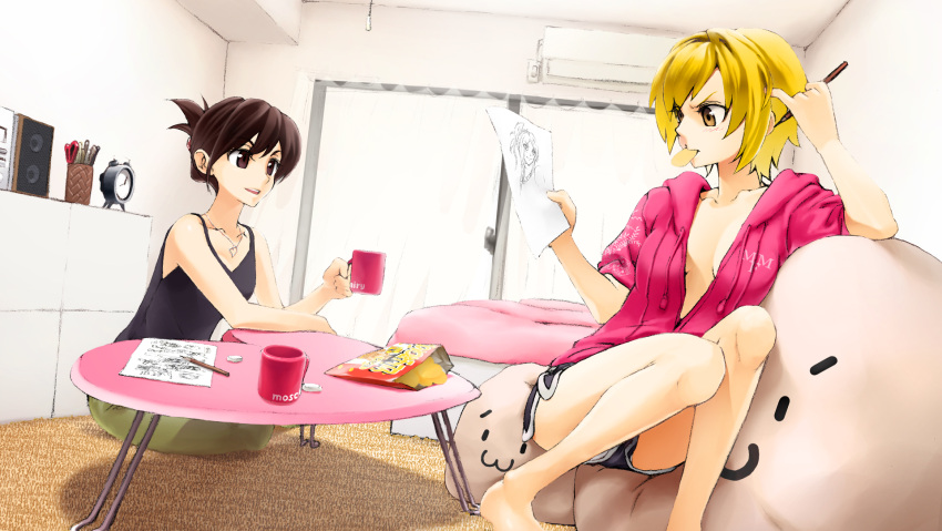 blonde_hair blush breasts brown_hair cleavage cup drawing highres legs living_room mouth_hold oekaki_musume open_clothes open_shirt original pencil poaro potato_chips shirt short_hair shorts wooden_pencil