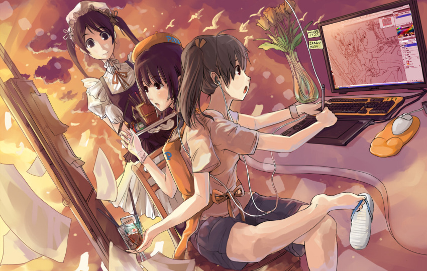 art_brush bad_id barefoot between_toes brown_hair chanchan computer conjoined crossed_legs drawing earphones flower foot_hold gloves hat long_hair maid monitor mousepad multiple_girls oekaki_musume original paintbrush painting recursion sandals shoe_dangle short_hair sitting tulip twintails vase wacom