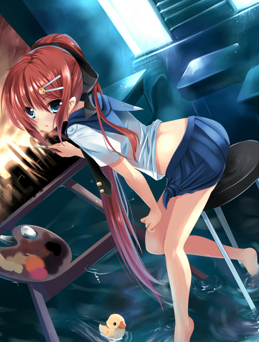 barefoot blue_eyes chair feet_in_water flood highres long_hair looking_back midriff oekaki_musume original paint painting palette ponytail red_hair redhead rubber_duck soaking_feet solo stool tied_skirt toes very_long_hair water wet_clothes xephonia