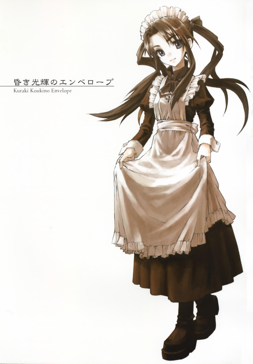 apron black_hair curtsey highres konoe_ototsugu long_hair maid maid_headdress monochrome sepia twintails