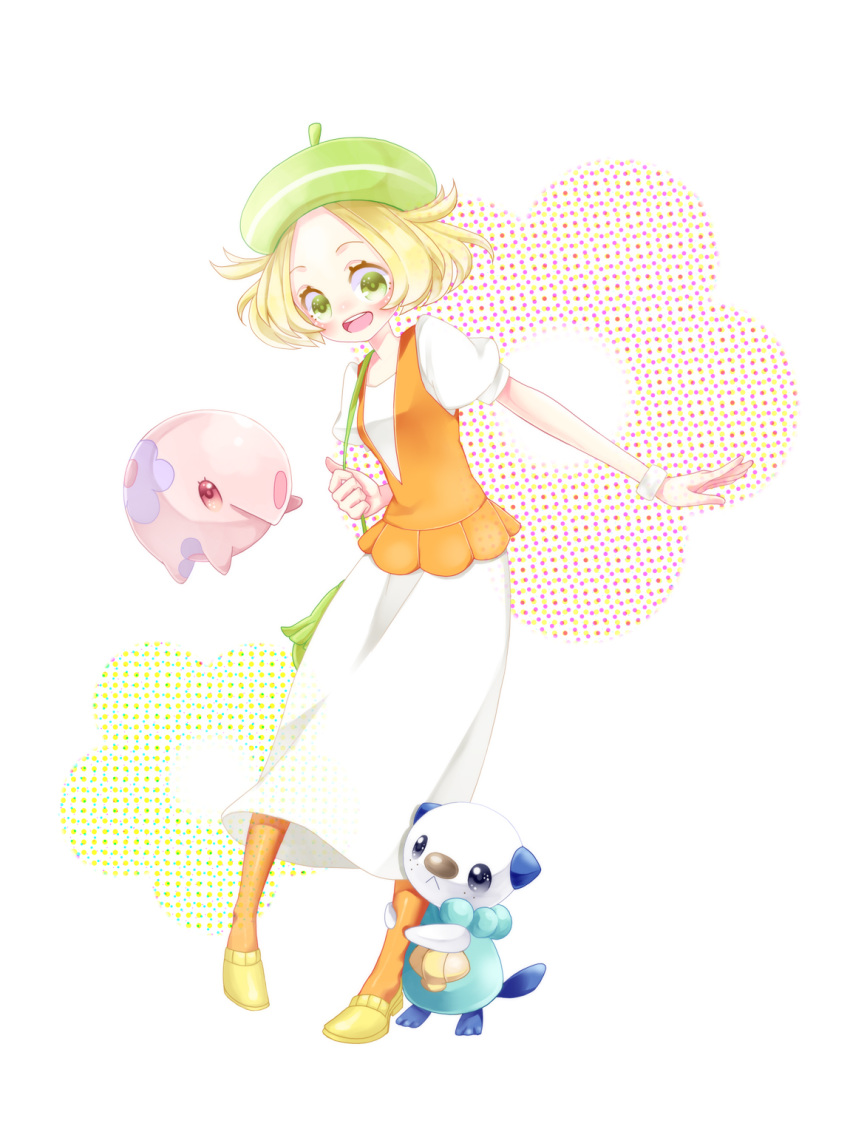 1girl bel_(pokemon) blonde_hair breasts commentary_request creatures_(company) game_freak gen_5_pokemon green_eyes hat highres kochakko long_skirt munna nintendo open_mouth oshawott pantyhose pokemon pokemon_(creature) pokemon_(game) pokemon_bw short_hair smile