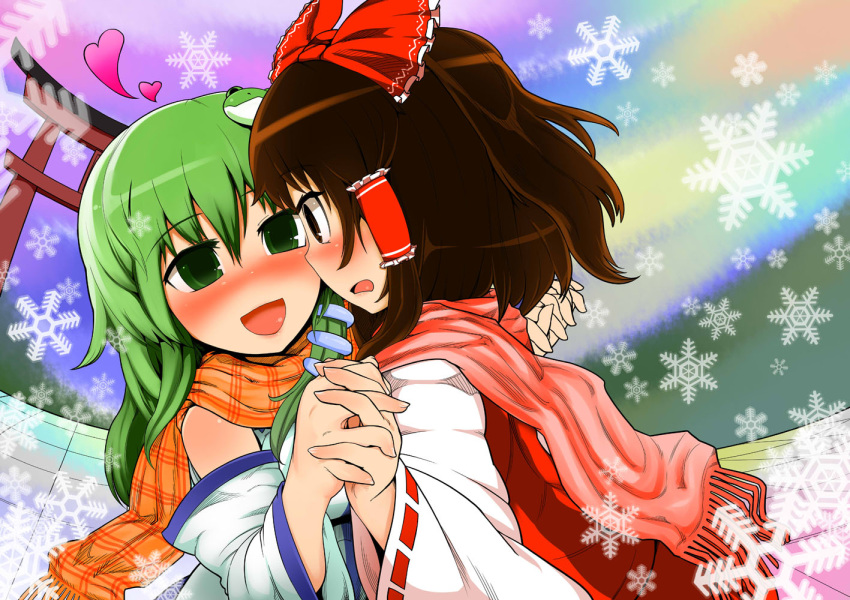 blush bow brown_hair detached_sleeves frog green_eyes green_hair hair_bow hair_ornament hakurei_reimu heart japanese_clothes kochiya_sanae long_hair miko multiple_girls scarf snake snow snowflakes torii touhou yassy yuri