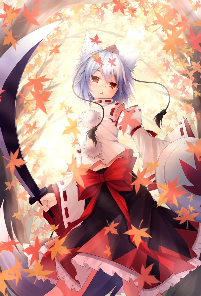 :&lt; absurdres animal_ears autumn_leaves blush chestnut_mouth detached_sleeves hat head_tilt highres holding inubashiri_momiji leaf maple_leaf mushroom_(artist) pom_pom_(clothes) red_eyes shield short_hair skirt solo sword tail tokin_hat touhou weapon white_hair wolf_ears wolf_tail