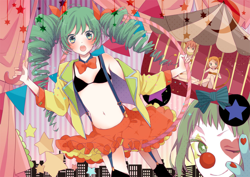 ami7 blush bowtie cage circus clown_nose drill_hair facepaint garter_straps green_eyes green_hair gumi gumie hatsune_miku hoop kagamine_rin megurine_luka multiple_girls open_mouth skirt star striped striped_background suspenders thigh-highs thighhighs twin_drills twintails vocaloid wink