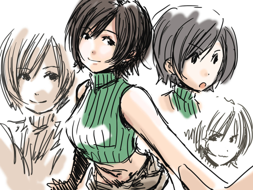 bare_shoulders black_eyes brown_hair character_sheet determined expressions final_fantasy final_fantasy_vii highres kuzumin light_smile midriff open_mouth ribbed_sweater short_hair shorts simple_background sketch sleeveless sleeveless_turtleneck sweater turtleneck white_background yuffie_kisaragi