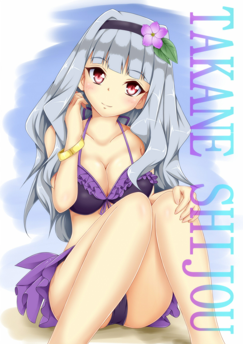 bracelet breasts flower hair_flower hair_ornament hairband highres idolmaster jewelry large_breasts red_eyes revision shijou_takane silver_hair sitting smile solo swimsuit tjk