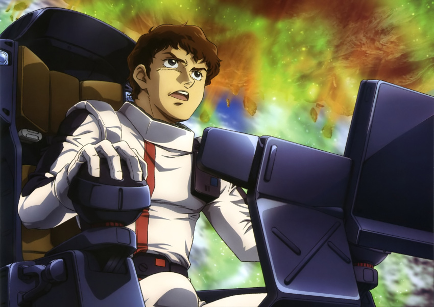 amuro_ray brown_hair char's_counterattack char's_counterattack cockpit gundam highres official_art pilot_suit