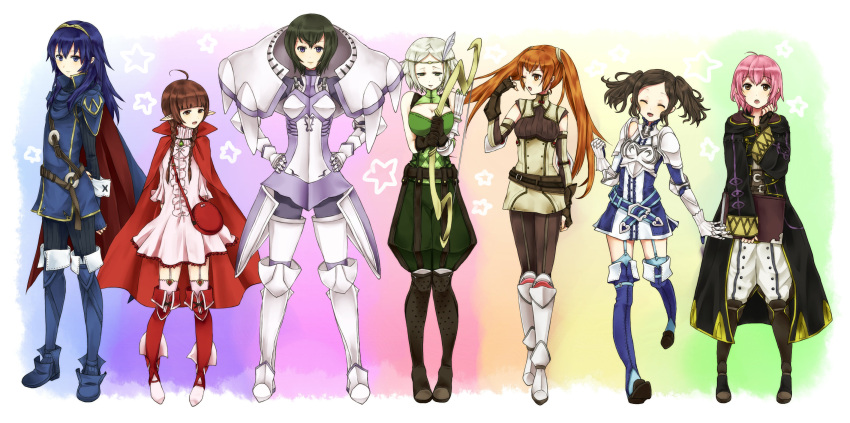 :d :o absurdres ahoge annotated armor bag black_hair blue_eyes blue_hair blue_legwear blush book boots bow_(weapon) braid breasts brown_eyes brown_hair cape cleavage cloak closed_eyes cynthia_(fire_emblem) degel elbow_gloves embarrassed eyes_closed fingerless_gloves fire_emblem fire_emblem:_kakusei gauntlets gloves green_eyes hands_on_hips highres huge_breasts laughing long_hair lucina mark_(fire_emblem) migime1 multiple_girls nn_(fire_emblem) noire_(fire_emblem) open_mouth pants pink_hair pink_legwear pointy_ears purple_eyes purse rainbow_background selena_(fire_emblem:_kakusei) short_dress short_hair short_twintails silver_hair smile tears thigh-highs thigh_boots thighhighs tiara twin_braids twintails violet_eyes weapon wink