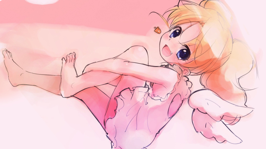 :d barefoot blonde_hair blue_eyes blush fang feet highres jewelpet_(series) jewelpet_tinkle long_hair looking_at_viewer miria_marigold_mackenzie nyama open_mouth sketch smile solo toes twintails wings