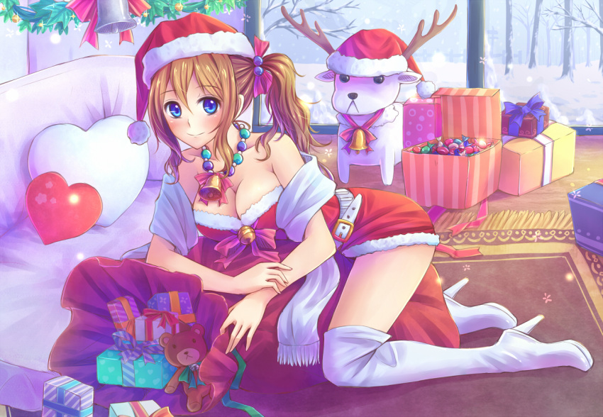 bare_shoulders bare_tree bell blue_eyes blush boots breasts brown_hair christmas cleavage collarbone gift hair_bobbles hair_ornament heart heart_pillow high_heel_boots high_heels looking_at_viewer original pillow sack scarf shoes side_ponytail smile snow solo stiletto_heels stuffed_animal stuffed_toy suikakitsu_shiro teddy_bear thigh-highs thigh_boots thighhighs tree window