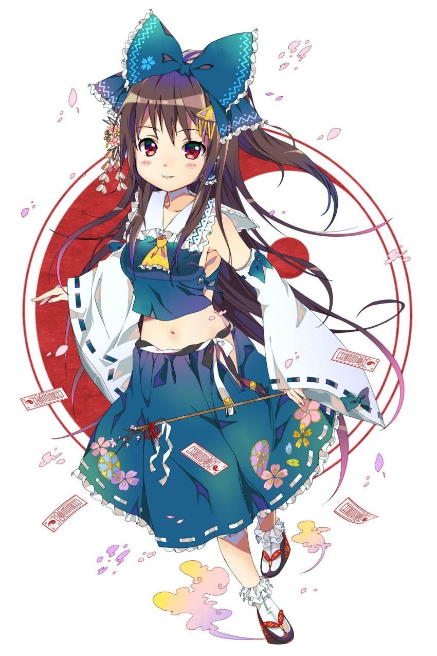 bare_shoulders blush bobby_socks bow brown_hair cherry_blossoms detached_sleeves floral_print full_body gohei hair_bow hair_ornament hakurei_reimu highres long_hair looking_at_viewer motiking navel ofuda parted_lips simple_background smile socks standing tabi touhou white_background wide_sleeves yin_yang