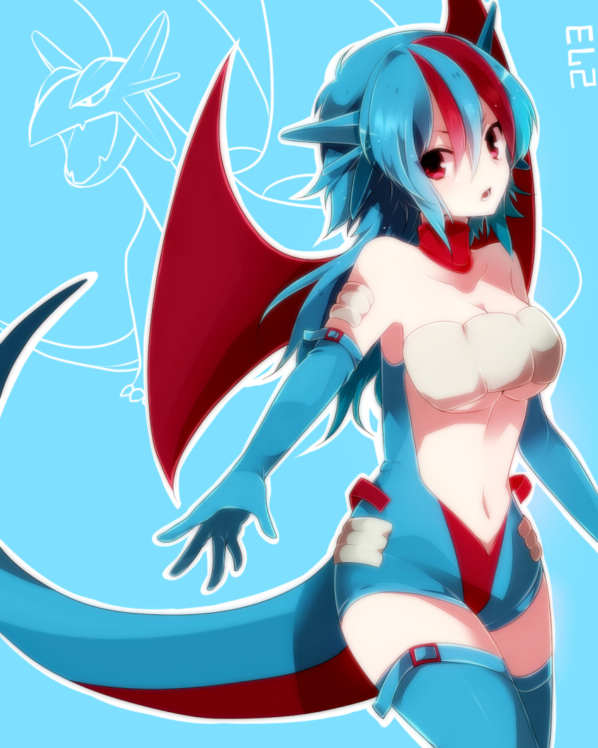animal_ears bare_shoulders blue_hair blue_legwear breasts choker elbow_gloves gloves highres long_hair multicolored_hair navel personification pokemon red_eyes red_hair redhead salamence solo tail takeshima_(nia) thigh-highs thighhighs under_boob underboob wings