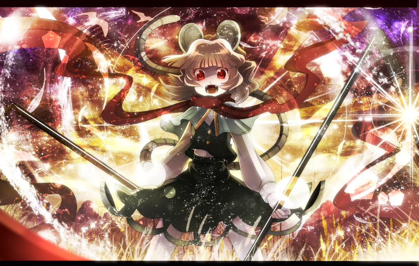 animal_ears capelet dowsing_rod fang fangs fumiko_(miruyuana) grey_hair jewelry long_sleeves mouse_ears mouse_tail nazrin open_mouth red_eyes scarf short_hair skirt solo tail touhou