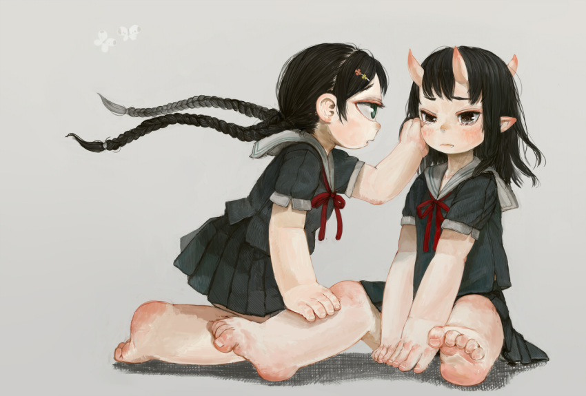 braid cyclops hand_on_another's_face hand_on_another's_face horns multiple_girls oni original polo_(pixiv1844541) sitting skirt tears twin_braids