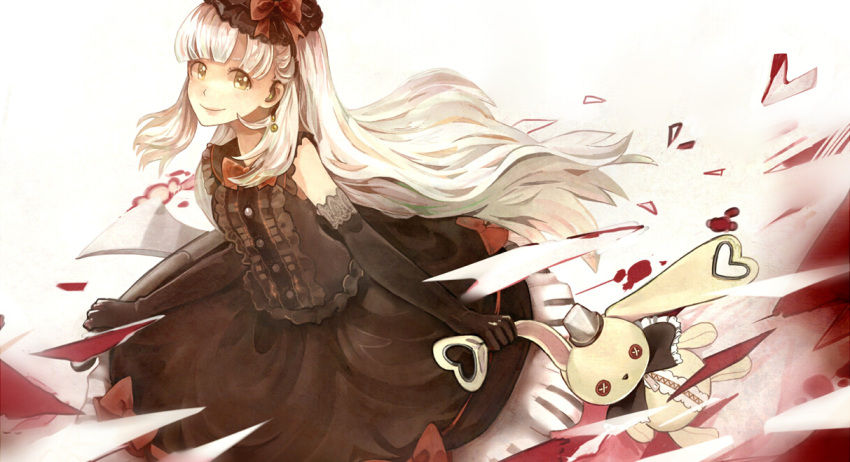 doll dress earrings elbow_gloves gloves gothic_lolita heart jewelry lolita_fashion long_hair looking_at_viewer mayu_(vocaloid) piano_print smile solo stuffed_toy tanaka_(colorcorn) vocaloid weapon white_hair yellow_eyes
