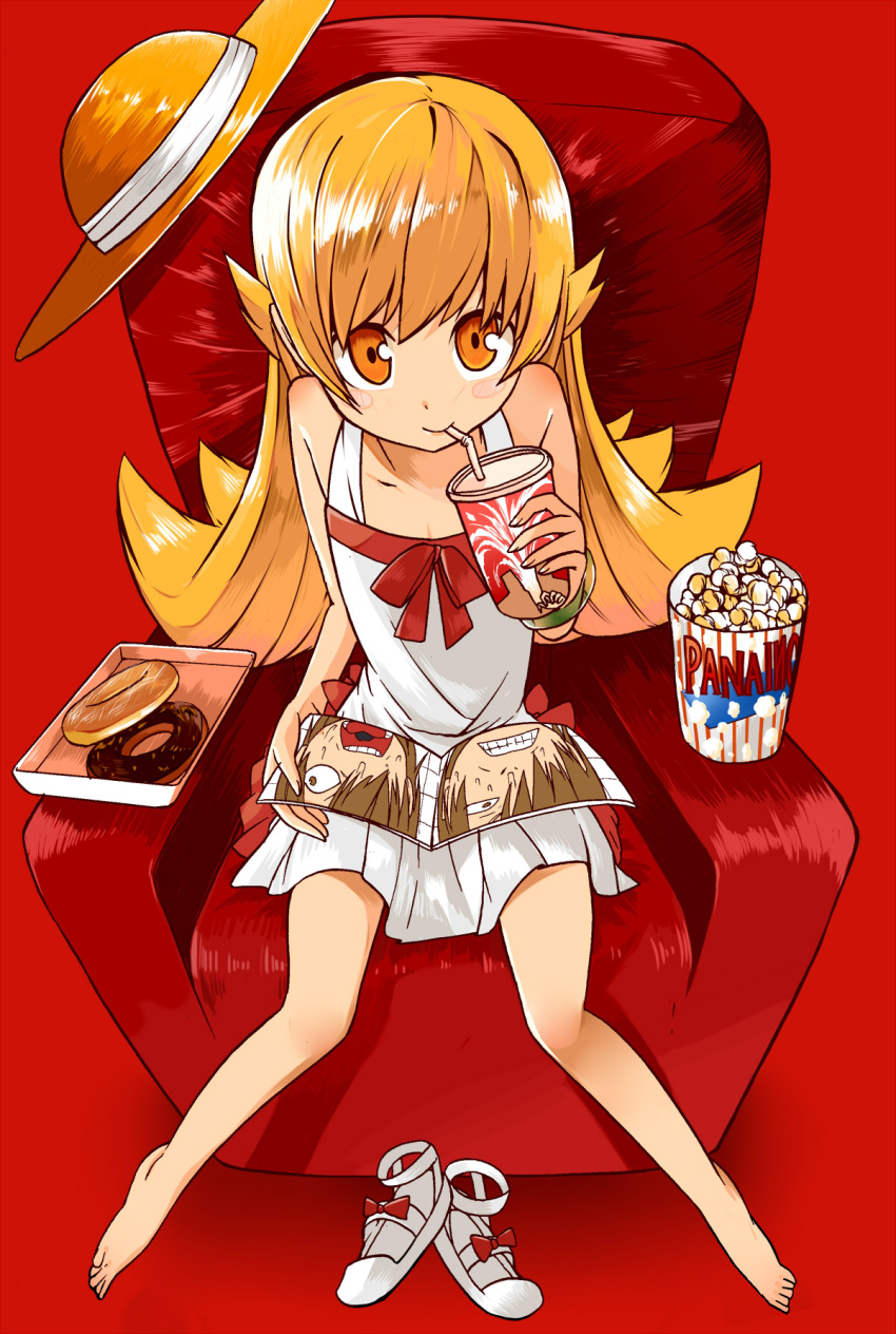 armchair bare_shoulders barefoot blonde_hair blush_stickers chair doughnut dress drinking hat hat_removed headwear_removed highres long_hair monogatari_(series) oshino_shinobu popcorn red_background shiotan shoes_removed sipping smile solo yellow_eyes