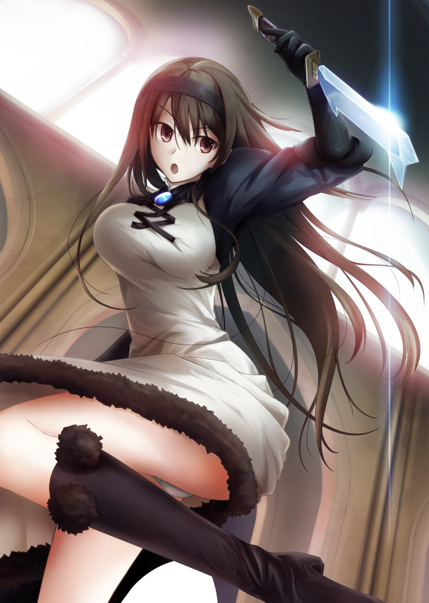 :o agnes_oblige black_eyes boots bravely_default:_flying_fairy bravely_default_flying_fairy breasts brown_eyes brown_hair cape coat dagger dress elbow_gloves gloves hairband highres knee_boots knife kusasiromitune large_breasts long_hair open_mouth panties pantyshot puffy_sleeves skirt solo underwear weapon white_panties yoshida_takuma