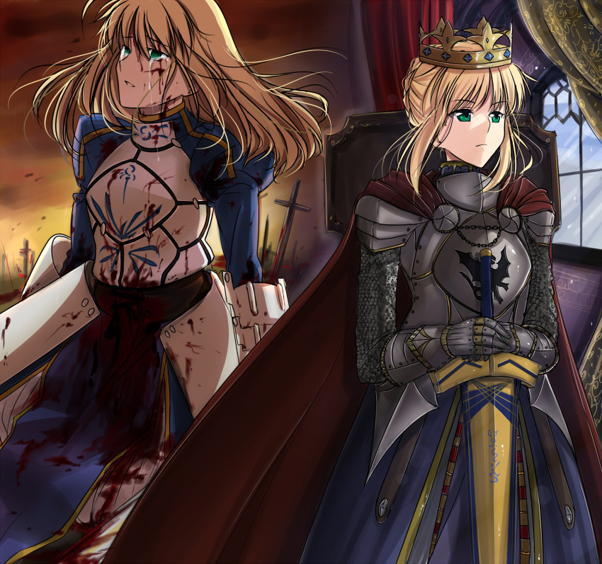 armor avalon_(fate/stay_night) battlefield blonde_hair blood braid breastplate cape chainmail crown excalibur fate/stay_night fate_(series) faulds french_braid full_armor gauntlets green_eyes hair_bun hair_down highres king ladymarta long_hair saber solo sword tears weapon
