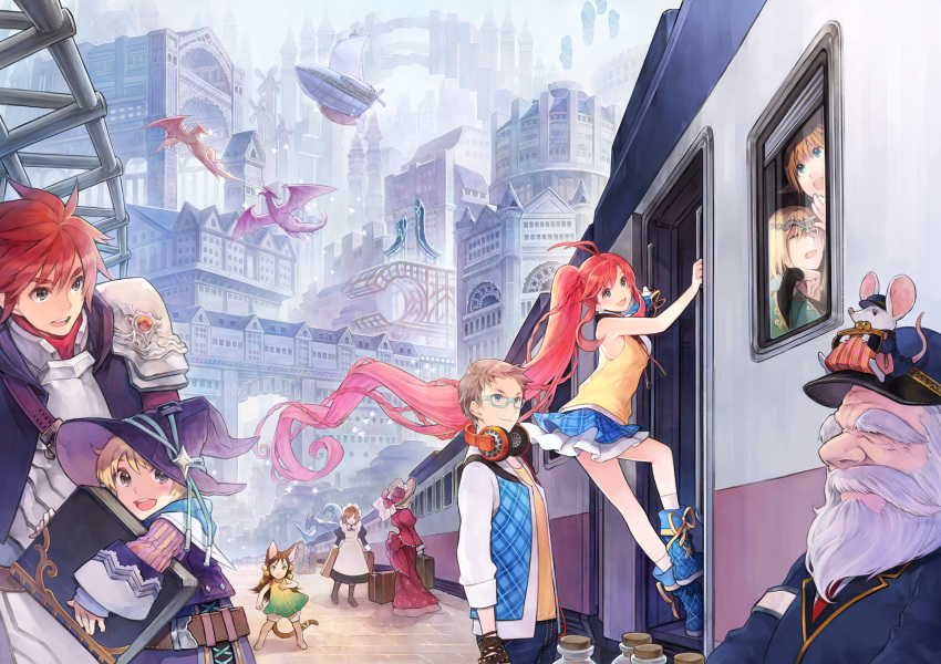 animal_ears architecture beard bell blonde_hair book brown_hair copyright_request dragon facial_hair fantasy flower hat headphones headphones_around_neck highres long_hair maid mouse mustache ponytail red_hair redhead russel_(yumeriku) skirt sleeveless tail train very_long_hair witch_hat