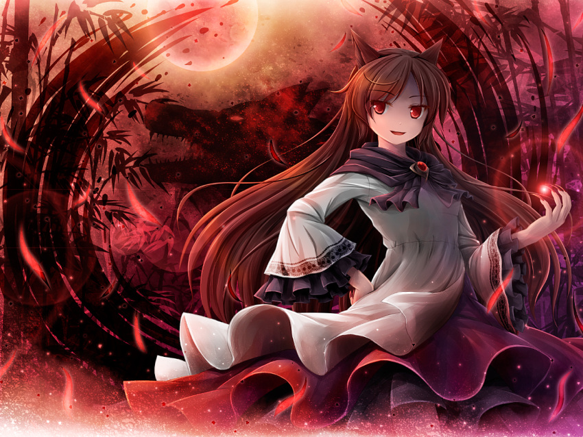 1girl akashio_(loli_ace) animal_ears brooch brown_hair energy_ball fangs fingernails full_moon hand_on_hip imaizumi_kagerou jewelry long_fingernails long_hair long_sleeves looking_at_viewer moon night open_mouth red_eyes red_moon shirt skirt sky smile solo touhou very_long_hair wide_sleeves wolf wolf_ears