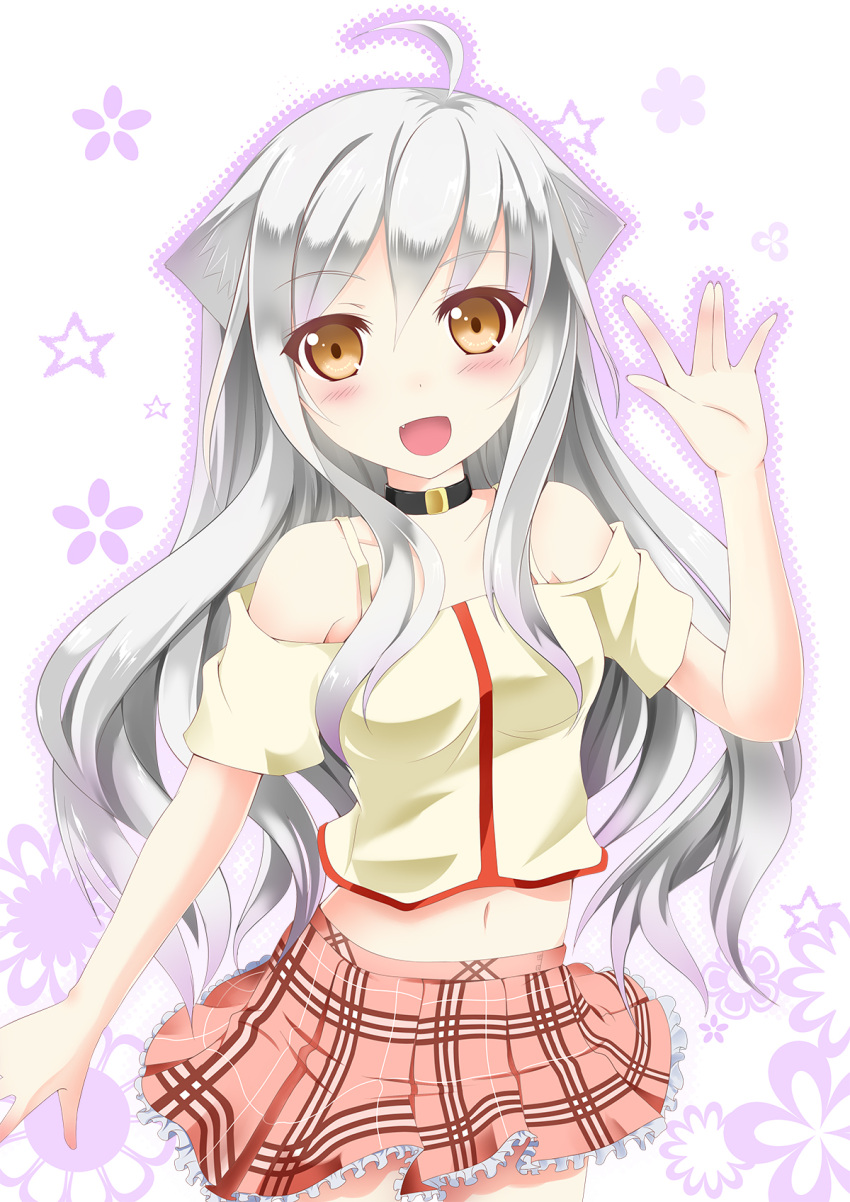 ahoge animal_ears blush cat_ears catstudio_(artist) checkered checkered_skirt collar fang highres long_hair looking_at_viewer midriff navel open_mouth original shirt short_sleeves silver_hair skirt smile solo star very_long_hair waving yellow_eyes yuki_(miku_plus)