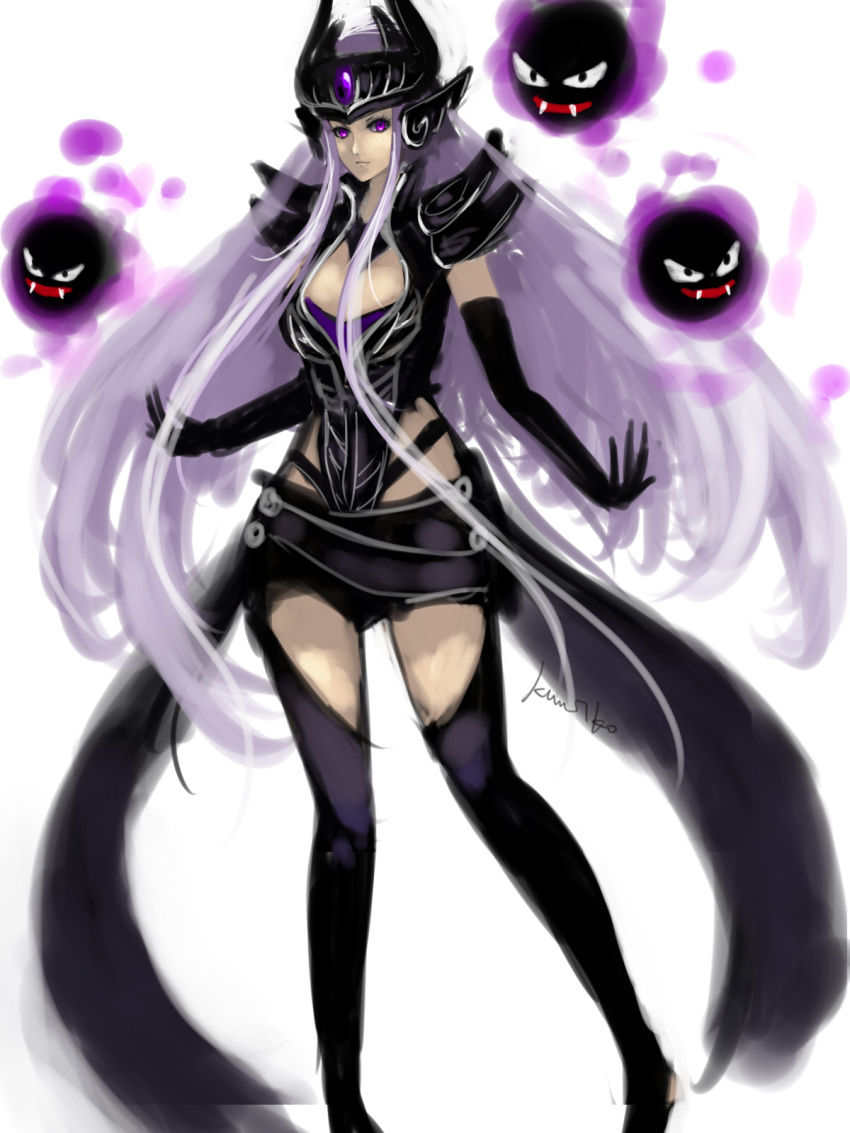 aleron armor black_gloves crossover ear_protection elbow_gloves forehead_jewel forehead_protector gastly gloves helmet highres kumiko_(aleron) league_of_legends long_hair pauldrons payot pokemon purple_eyes purple_skin syndra thigh-highs thighhighs very_long_hair violet_eyes