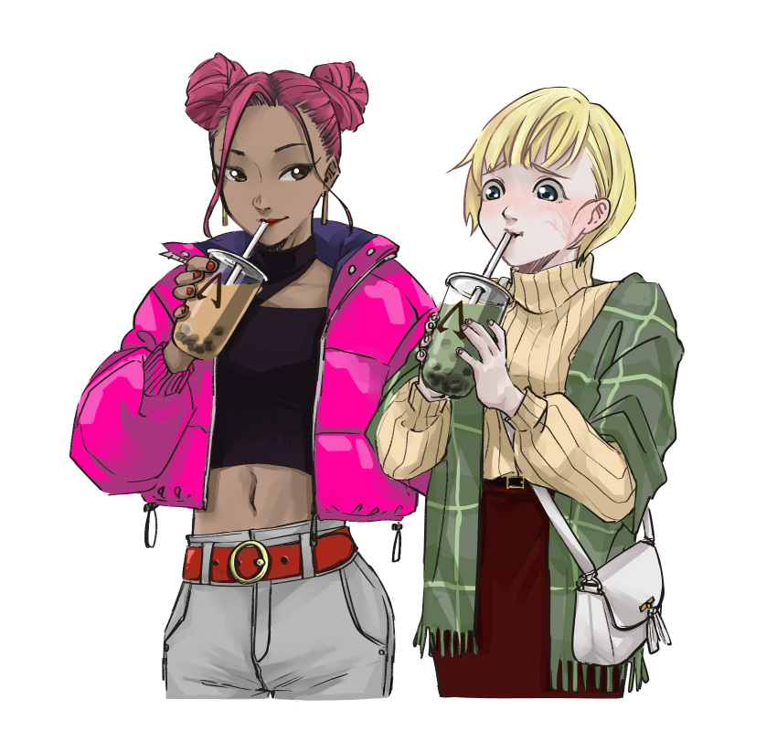 2girls alternate_costume apex_legends bag bangs beige_sweater belt blue_eyes blush bubble_tea clothing_cutout collarbone dark_skin dark-skinned_female double_bun drinking drinking_straw drinking_straw_in_mouth fashion grey_pants hair_behind_ear handbag highres jacket lifeline_(apex_legends) looking_to_the_side multiple_girls navel pants pink_hair pink_jacket red_belt red_skirt sakanamaru scar scar_on_cheek scar_on_face shawl short_hair shoulder_cutout skirt smile sweater sweater_tucked_in turtleneck turtleneck_sweater wattson_(apex_legends) white_background