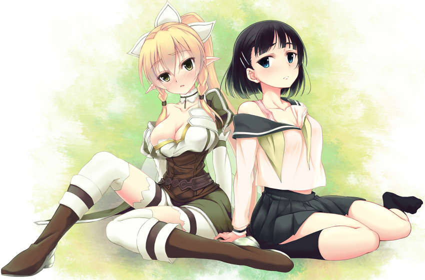 2girls blonde_hair blue_eyes blush braid breasts cleavage dual_persona female green_eyes hair_ornament hairclip kirigaya_suguha leafa long_hair multiple_girls pointy_ears sasakawa_arumi school_uniform skirt sword_art_online twin_braids