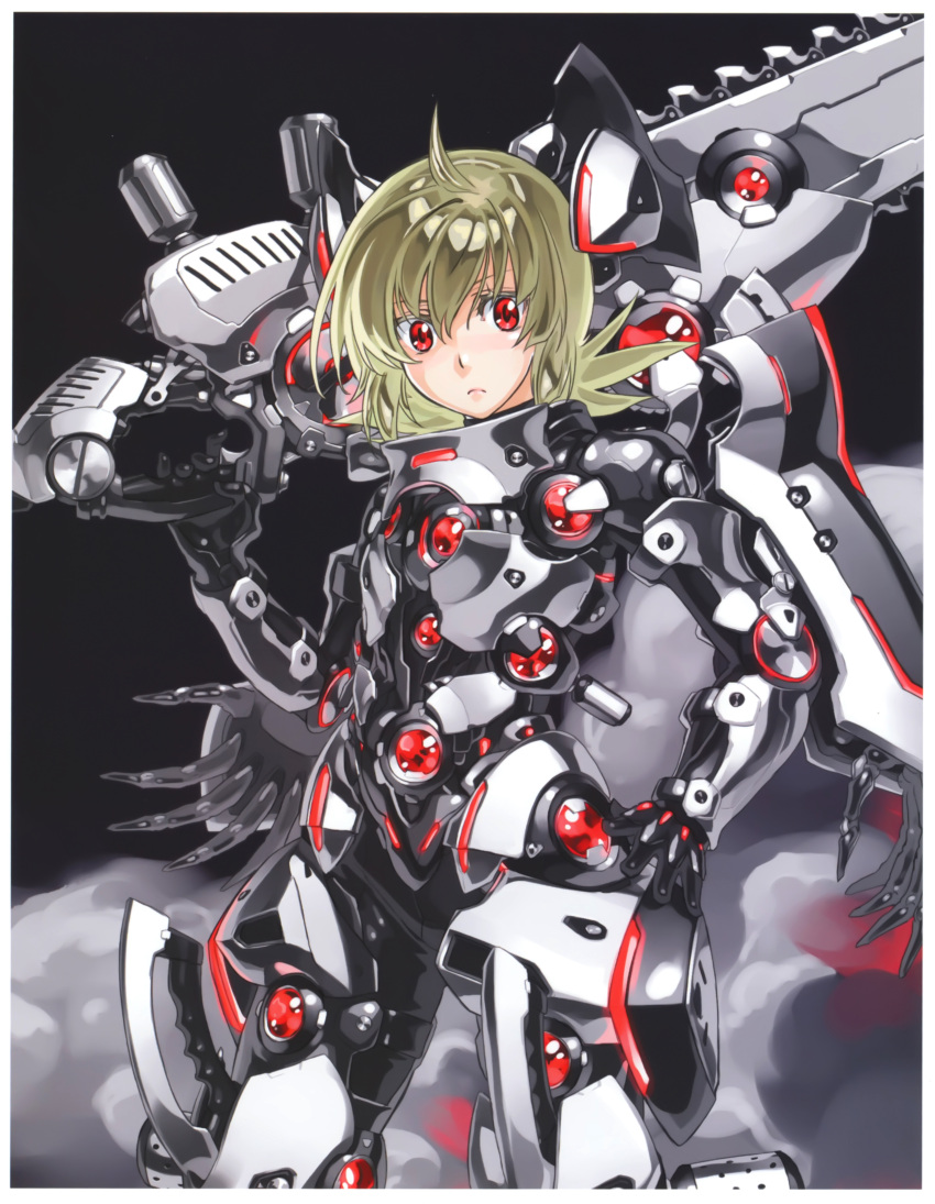 absurdres android armor brown_hair highres huge_weapon kaku-san-sei_million_arthur kurogin red_eyes robotic_arms sword weapon