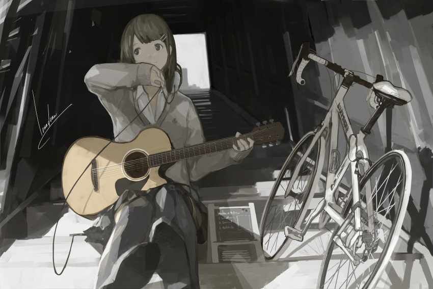 bicycle black_eyes black_hair guitar hair_ornament hairclip headphones headphones_around_neck highres instrument long_hair looking_away loundraw monochrome original road_bicycle scenery school_uniform signature sitting sitting_on_stairs sleeves_past_wrists solo spot_color stairs sweater thigh-highs thighhighs