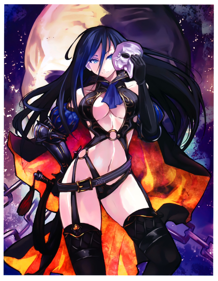 absurdres bare_shoulders black_legwear blue_eyes blue_hair breasts cape cleavage detached_wings hand_on_hip highres huge_filesize kaku-san-sei_million_arthur large_breasts long_hair mask navel o-ring scan shibano_kaito smirk solo thigh-highs thighhighs whip wings