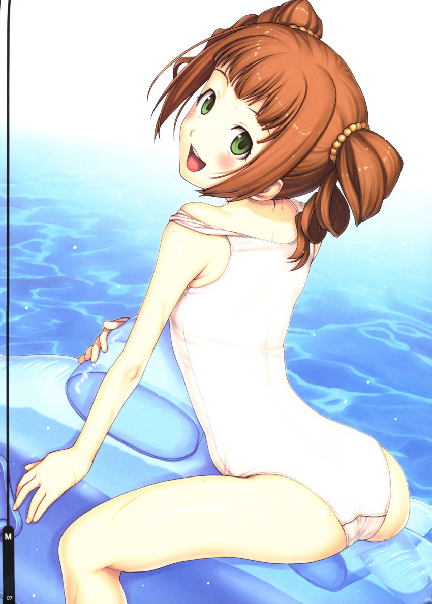 absurdres ass bare_shoulders blush brown_hair from_above from_behind green_eyes highres idolmaster inflatable_dolphin long_hair looking_at_viewer looking_back looking_up one-piece_swimsuit open_mouth pool school_swimsuit sitting smile solo straddle swimsuit takatsuki_yayoi tanaka_shoutarou twintails water wet white_school_swimsuit white_swimsuit