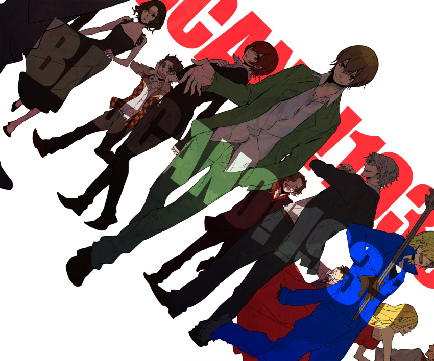 baccano! black_hair blonde_hair brown_eyes brown_hair chane_laforet christopher_shouldered dress dutch_angle ennis firo_prochainezo formal gloves graham_spector hat highres isaac_dian jacuzzi_splot ladd_russo long_hair miria_harvent red_hair redhead shaft_(baccano) short_hair smile suit wrench