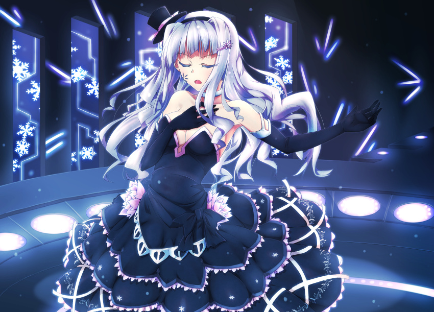 absurdres bare_shoulders black_dress black_gloves breasts cleavage closed_eyes dress elbow_gloves eyes_closed gloves hair_ornament hairband hairclip hat highres idolmaster long_hair open_mouth shijou_hasekura shijou_takane silver_hair solo