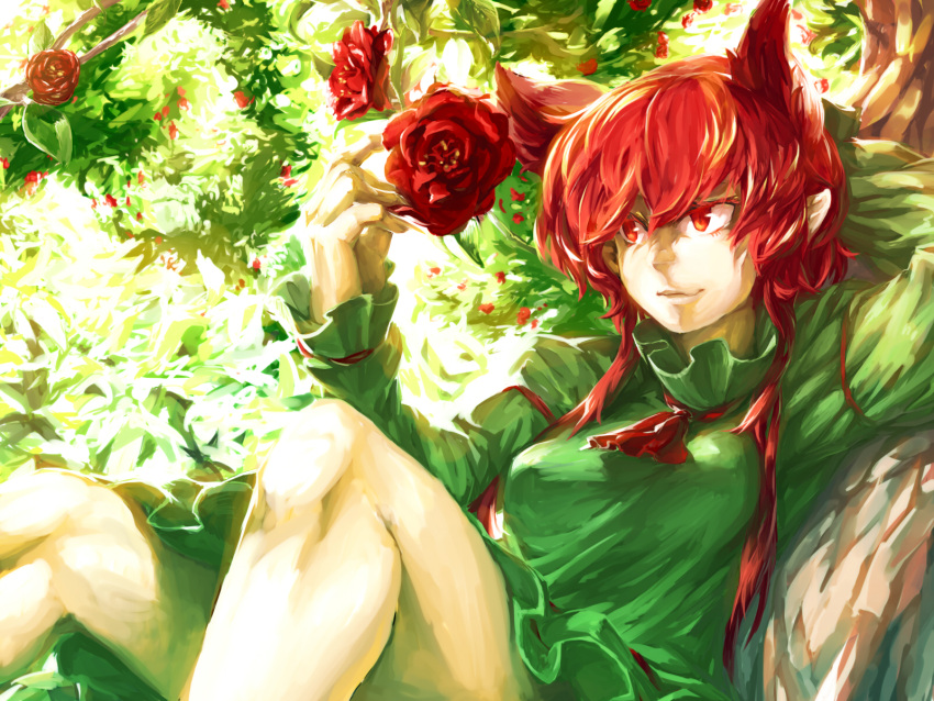 animal_ears cat_ears dress flower highres holding holding_flower kaenbyou_rin petals pointy_ears red_eyes red_hair redhead sitting smile solo temmasa22 touhou