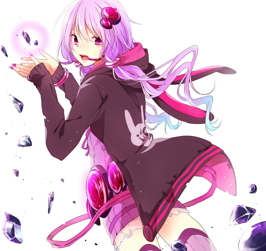 1girl animal_ears crystal fake_animal_ears hair_ornament headset highres hood_down hooded_jacket long_hair looking_at_viewer open_mouth purple_hair purple_legwear ribbed_sweater simple_background solo sweater thigh-highs twintails violet_eyes vocaloid voiceroid white_background yodare_(3yami8) yuzuki_yukari