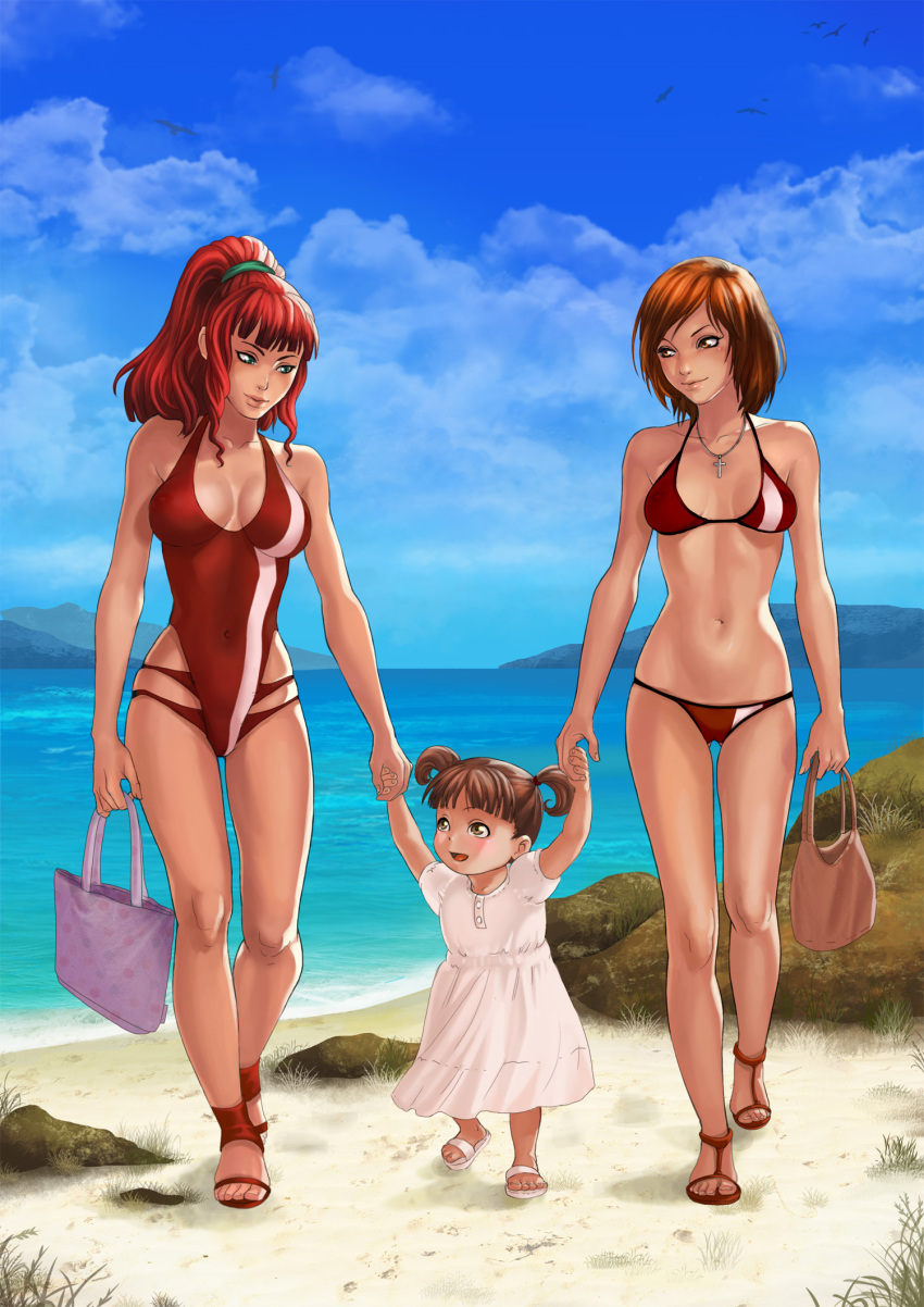artist_request beach bikini breasts child cleavage clothed_navel cross family good_end gunbuster highres holding_hands if_they_mated jewelry jung_freud multiple_girls necklace one-piece_swimsuit red_hair sandals skindentation skinny swimsuit takaya_noriko top_wo_nerae! yuri