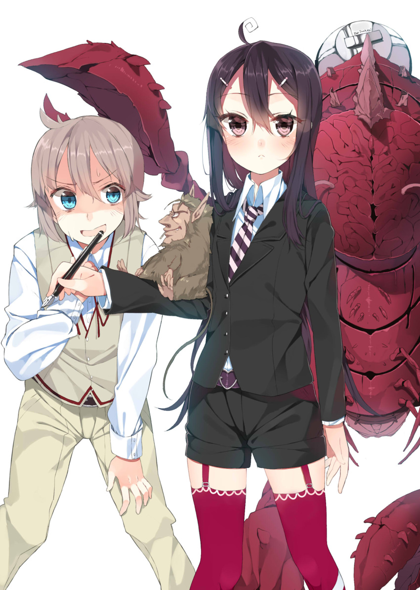 black_hair blue_eyes brown_eyes brown_hair character_request creature hair_ornament hairclip highres koba mikan_shoujo_lovecraft necktie short_shorts shorts suits thigh-highs thighhighs