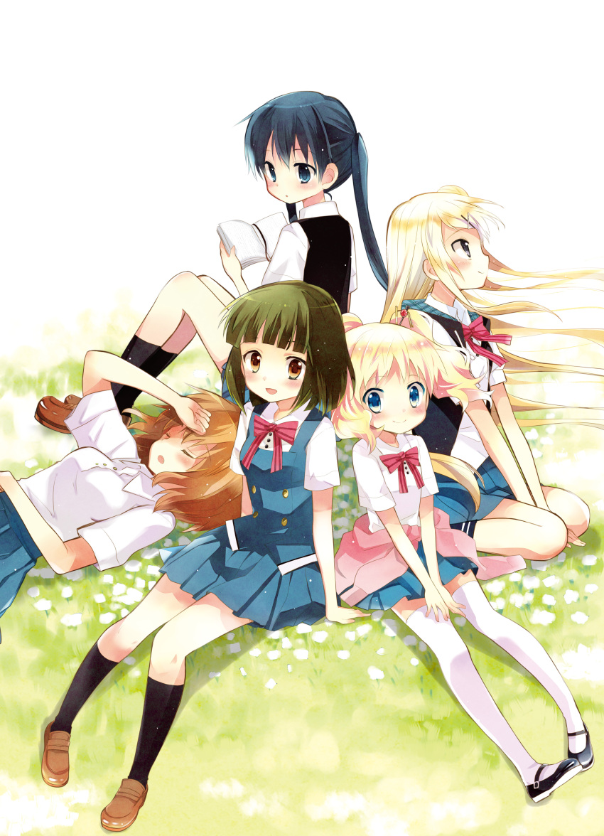 :d :o absurdres alice_carteret between_legs black_legwear blonde_hair blue_hair book bow bowtie brown_hair closed_eyes dress_shirt grass green_hair hand_between_legs hand_on_own_head hara_yui highres inokuma_youko kin'iro_mosaic kin'iro_mosaic komichi_aya kujou_karen light_smile loafers looking_at_viewer lying mary_janes multiple_girls official_art on_back on_grass oomiya_shinobu open_book open_mouth pleated_skirt school_uniform shirt shoes sitting skirt smile socks sweater_around_waist thigh-highs thighhighs twintails white_legwear