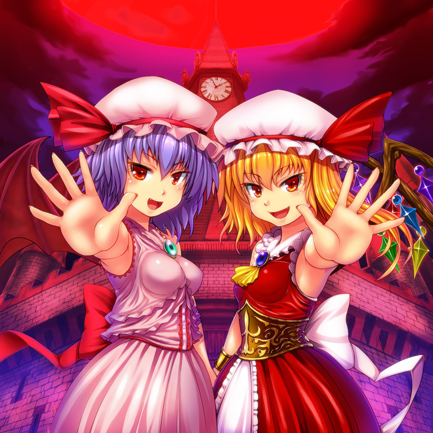 adapted_costume ascot blonde_hair blue_hair breasts brooch clock clock_tower dress fang flandre_scarlet full_moon hat hat_ribbon highres iyamato jewelry moon multiple_girls night open_mouth outstretched_hand red_eyes red_moon remilia_scarlet ribbon scarlet_devil_mansion short_hair siblings side_ponytail sisters skirt skirt_set sleeveless smile touhou tower wings