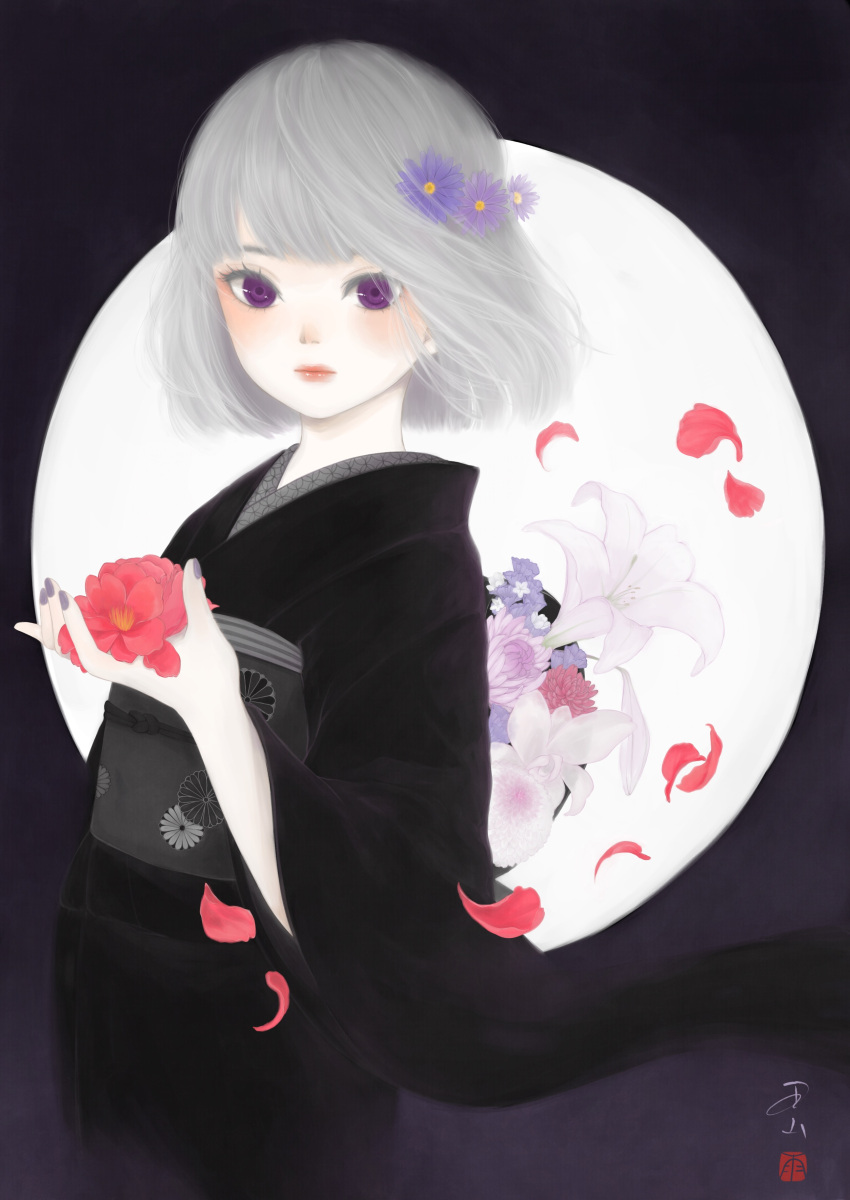 1girl absurdres bangs black_kimono bob_cut commentary cowboy_shot flower flower_request full_moon funeral_kimono grey_hair hair_flower hair_ornament highres holding holding_flower japanese_clothes kikumon kimono long_sleeves looking_at_viewer moon obi obiage obijime original petals purple_flower purple_nails red_flower sash seal_impression short_hair signature silver_hair solo standing ushiyama_ame violet_eyes white_flower wide_sleeves