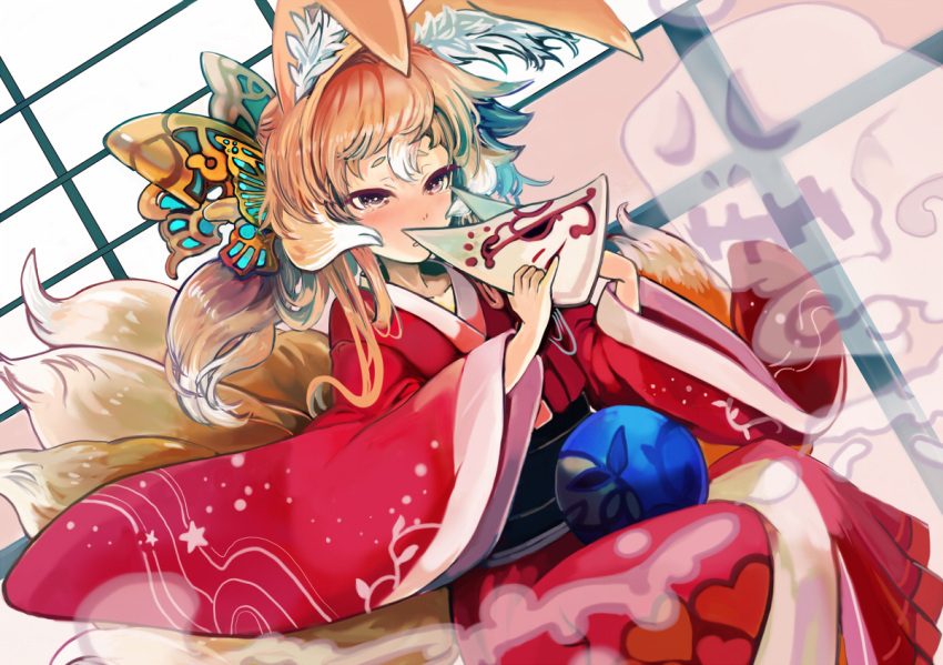 animal_ears ball blush butterfly dutch_angle fox_ears fox_mask hair_ornament japanese_clothes kimono light_brown_hair mask multiple_tails original ryuuri_susuki solo tail tears